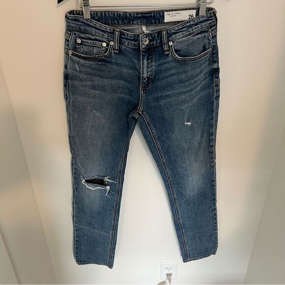 Rag & Bone Dre Low Rise Slim Boyfriend Jeans Distressed Blue River | Size 26 - Picture 3 of 10